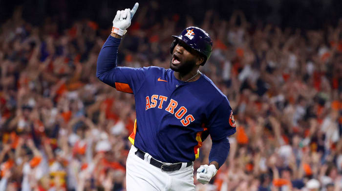 Astros left fielder Yordan Alvarez hits a go-ahead three-run home run against the Phillies in Game 6 of the 2022 World Series.